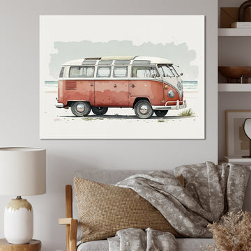 Van On The Beach - Car Van Canvas Wall Art